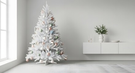Elegant White Christmas Tree in a Minimalist Living Room

