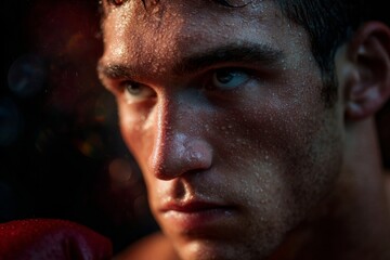 Intense Close-up of a Sweaty Male Boxer's Determined Face After Grueling Workout, Capturing Effort and Grit