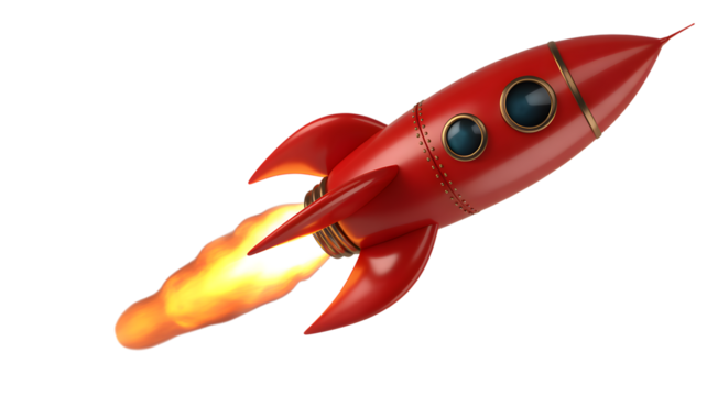 Bold red rocket blasting off into the future, symbolizing innovation, and technological advancement