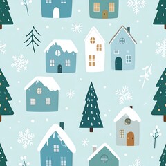 Fototapeta premium Winter houses and trees pattern