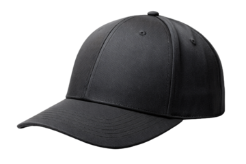Black baseball cap with structured front panels and curved visor, classic sports headwear, isolated on a transparent background