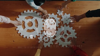A collaborative workspace showcasing hands interacting with gear designs and digital patterns symbolizing teamwork and innovative technology for business growth. Raster - Powered by Adobe