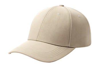 Fototapeta premium Beige baseball cap with clean lines and curved bill, neutral tone casual wear, isolated on a transparent background