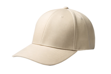 Cream colored baseball cap with traditional styling and curved brim, soft neutral appearance, isolated on a transparent background
