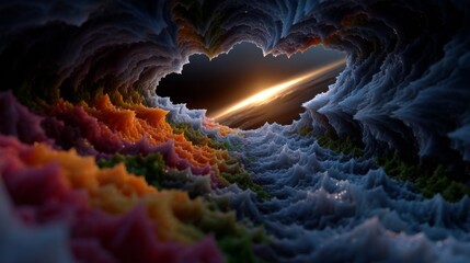 Cosmic Candy Tunnel with a Distant Sunset, Fractal Rainbow Waves, and Ethereal Light Portal