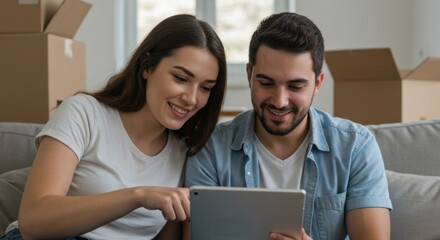 Smiling woman and man sitting on couch looking at digital tablet, surrounded by moving boxes. Couple planning apartment renovation or new house decor online.