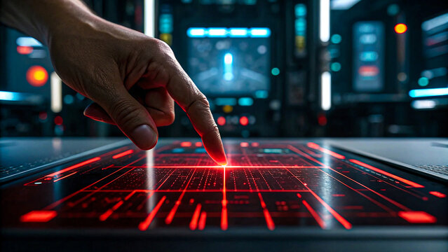 Futuristic interface interaction, digital data flow, and human touch in a high-tech command center