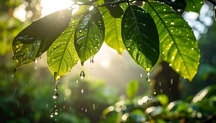 Raindrops on Lush Green Leaves in a Forest Setting.