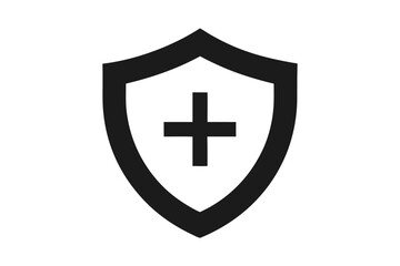Black Medical Shield with Plus Sign Icon on a White Background