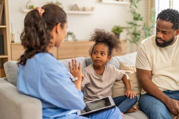 Fototapeta premium African girl high five with doctor after recovery, happy child leaving hospital healthy, pediatric care success, flu treatment completed, positive experience in children hospital, health insurance