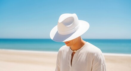 Person in a wide brim hat on a sunny beach with ocean background