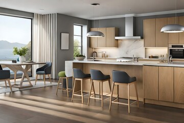 Fototapeta premium Modern kitchen design with wood cabinetry and island seating illuminated by pendant lighting and