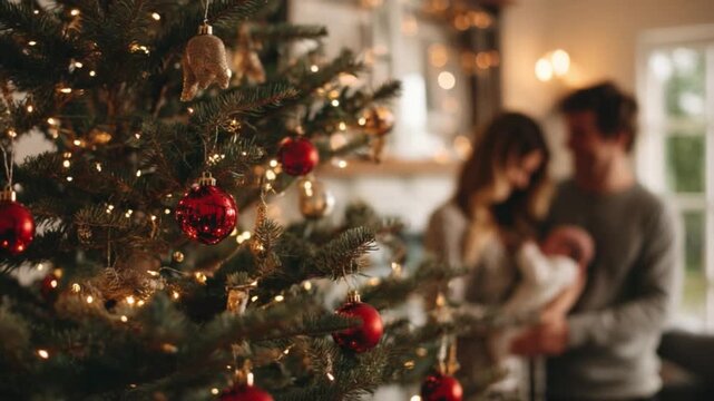 Cozy Christmas Moments: The soft glow of a Christmas tree fills the air as a newborn is tenderly embraced by its parent, creating a warm and heartfelt ambiance in a beautifully lit room.
