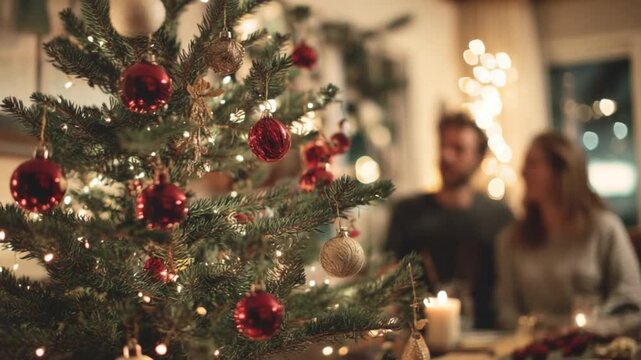 Festive Reflections: A beautifully decorated Christmas tree takes center stage, its ornaments twinkling invitingly against a backdrop of soft lights and a couple enjoying a moment of connection.