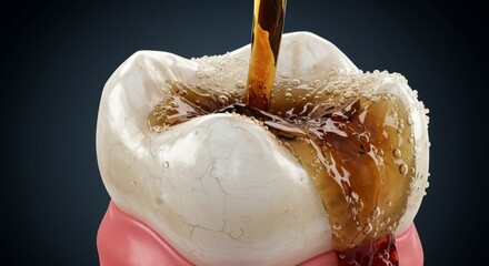 Sweet drink pouring on tooth showing tooth decay and enamel erosion from sugar. Health risk of sugary drinks on dental hygiene.