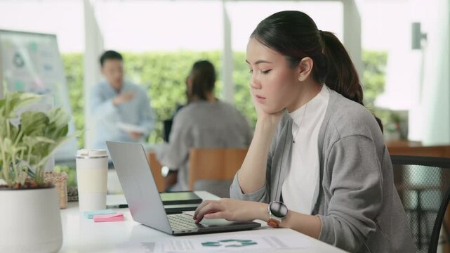 Fatigue worker work hard at office hybrid workplace burnout pensive ponder thoughtful