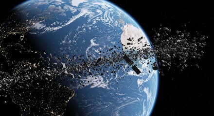 Space junk and debris orbiting earth. Planet earth and space contamination with countless piece of satellite and space rock. Global pollution concept.