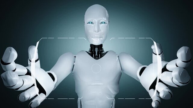 AI hominoid robot holding virtual hologram screen showing concept of AI brain and artificial intelligence thinking by machine learning process. 3D rendering.