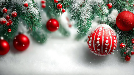 A red and white Christmas ornament with white stripes sits on a snowy ground. The scene is festive and joyful, with the red and white colors representing the holiday season