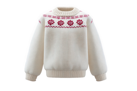 Cozy white knitted sweater with red floral pattern isolated on transparent background