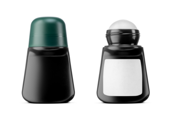 Black plastic roll-on antiperspirant deodorant bottle with blank label isolated. Transparent PNG image.