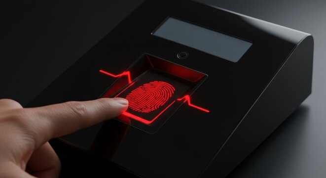 A person placing her finger on glass fingerprint reader for biometric security data. Digital identity verification by scanning human fingerprint.