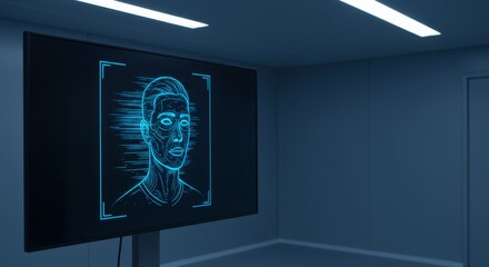 Male cyborg face with scanning grid on screen. Artificial intelligence technology as facial recognition concept for security access.