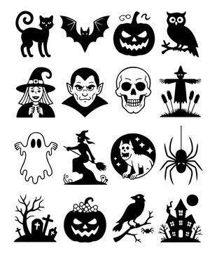 Halloween icons black silhouettes of spooky characters and objects