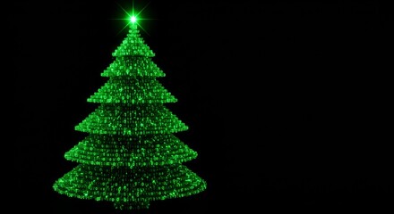 Digital christmas tree made of glowing green binary code characters. Artificial intelligence and computer technology holiday concept.