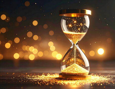 An hourglass filled with sparkling gold dust, symbolizing the passage of time. A magical and elegant concept image for business, luxury, or celebration themes.