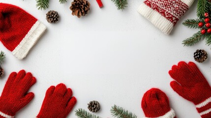 Cozy Red Winter Accessories with Pine Cones and Greenery on White Background for Seasonal Celebrations and Holiday Decorations