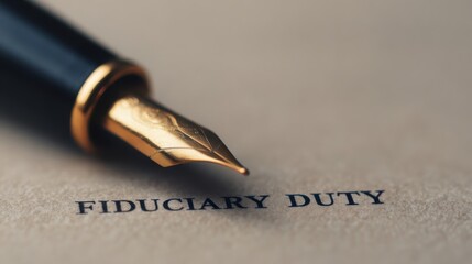 Fountain pen close up with gold nib resting on document that reads FIDUCIARY DUTY, symbolizing trust and responsibility in financial matters