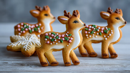 Fototapeta premium Three deer-shaped Christmas cookies with white, pink, and green icing dots are arranged on a light wooden surface. A snowflake cookie is also visible