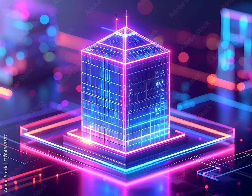 Wall mural a neon holographic building representing digital architecture and blockchain technology