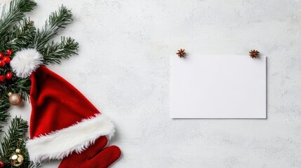 Festive Red Santa Hat and Glove Next to Blank Card Surrounded by Christmas Decorations on White Background for Holiday Greeting Concepts
