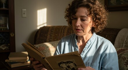 Mature caucasian woman looks at a vintage photo album at home. Nostalgic memory and family history concept.