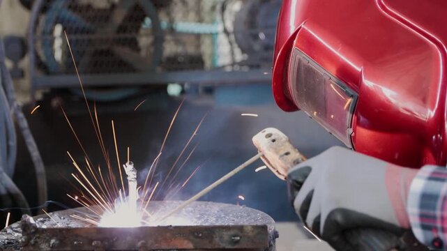 Side View Construction Industrial Factory or Metalwork Concept by Mechanic or Technician Welder Welding Structure Parts