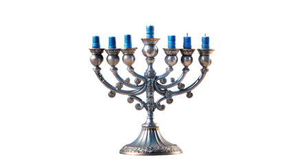 Menorah with blue candles isolated on transparent background