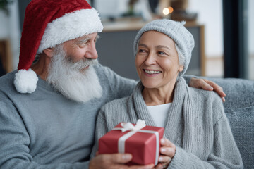 A man and woman are sitting on a couch, the man is wearing a Santa hat