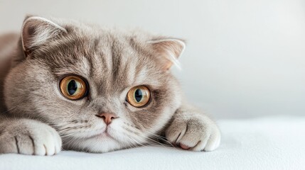 Cute and Playful Cat with Large Eyes Relaxing on Soft White Surface in Bright and Minimalist Indoor Setting, Capturing Whiskers and Facial Expressions