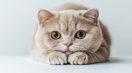 Adorable light beige cat with big expressive eyes resting calmly on a white surface, showcasing a mix of curiosity and tranquility for pet lovers