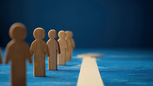 Wooden figurines in a line, facing a pale yellow path, on a deep blue background