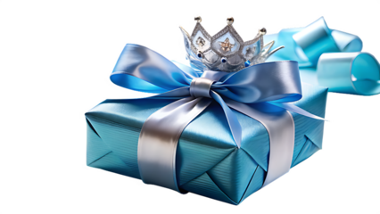 Blue gift box with a crown isolated on transparent background for a princess