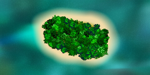 Tropical paradise island with green trees in the middle of ocean drone view. Vacation bg with turquoise water and sandy coastline. Flying high above of idyllic uninhabited beach. Vector illustration