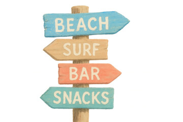 Weathered wooden signpost directing to beach, surf, bar, snacks against transparent backdrop, embodying tropical leisure vibes
