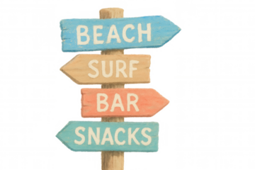 Weathered wooden signpost directing to beach, surf, bar, snacks against transparent backdrop, embodying tropical leisure vibes