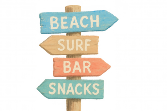 Weathered wooden signpost directing to beach, surf, bar, snacks against transparent backdrop, embodying tropical leisure vibes