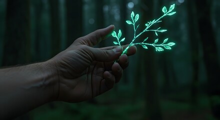 A male hand holding glowing tree branch, symbol of nature.