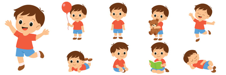 Obraz premium Boy in various poses, red shirt and blue shorts. Hand Drawn Vector Art