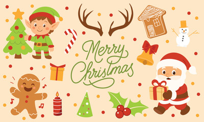 Naklejka premium Festive Christmas Illustration with Elf, Santa, and Holiday Elements. Hand Drawn Vector Art